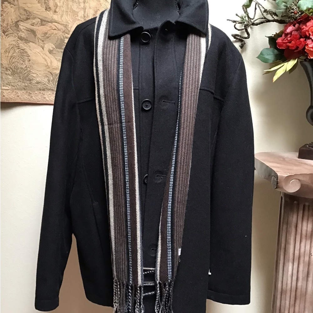 PERRY ELLIS BLACK WOOL BLEND MENS JACKET, XL, long sleeve with scarf